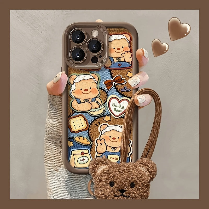1pc Butter Bear Pattern Plush Lanyard Brown High Bamboo Mobile Phone Case, TPU Material Full Cover Anti-fall Lightweight Sandpaper Mobile Phone Protective Case, Suitable for iPhone 16/11/13/15/15 Plus/15 Pro/15 Pro Max/12/14